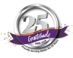 PrideStaff Dallas 25th Anniversary logo. With the text 25 years of gratitude. Proudly serving Dallas for 25 years.
