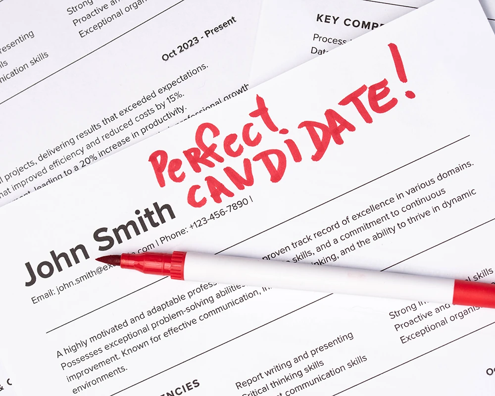 Perfect candidate resume marked with red pen showing Dallas staffing challenges - PrideStaff Dallas accounting finance hiring solutions
