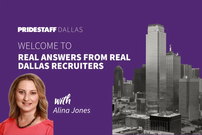 Alina Jones, PrideStaff Financial Dallas staffing consultant, welcomes viewers to Real Answers from Real Dallas Recruiters video series with Dallas skyline background