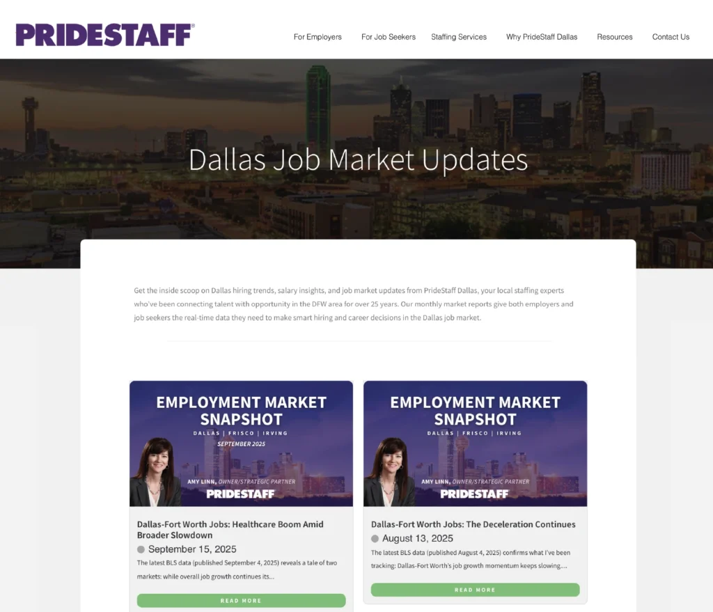 Dallas skyline graphic representing local job market updates and hiring trends