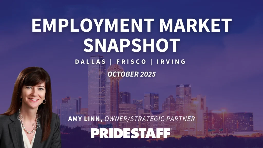 Professional headshot of Amy Linn on left side with Dallas skyline in background. White text overlay reads "Employment Market Snapshot - Dallas | Frisco | Irving - October 2025" with Amy Linn identified as Owner/Strategic Partner at PrideStaff. Blue-purple gradient background features Dallas cityscape at dusk.