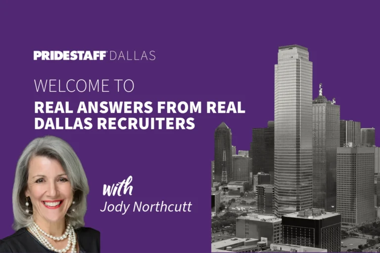 Jody Northcutt, PrideStaff Dallas Senior staffing consultant, welcomes viewers to Real Answers from Real Dallas Recruiters video series with Dallas skyline background