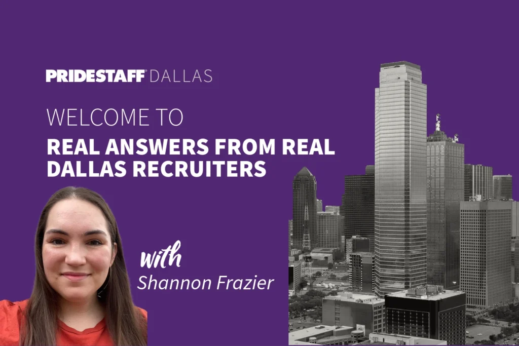 Shannon Frazier, PrideStaff Dallas staffing consultant, welcomes viewers to Real Answers from Real Dallas Recruiters video series with Dallas skyline background