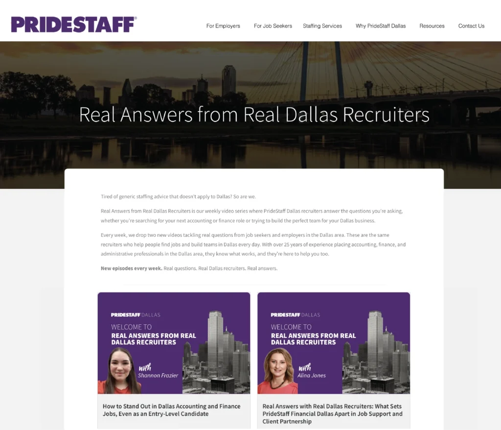 Video series graphic featuring PrideStaff Dallas recruiters answering hiring and job search questions