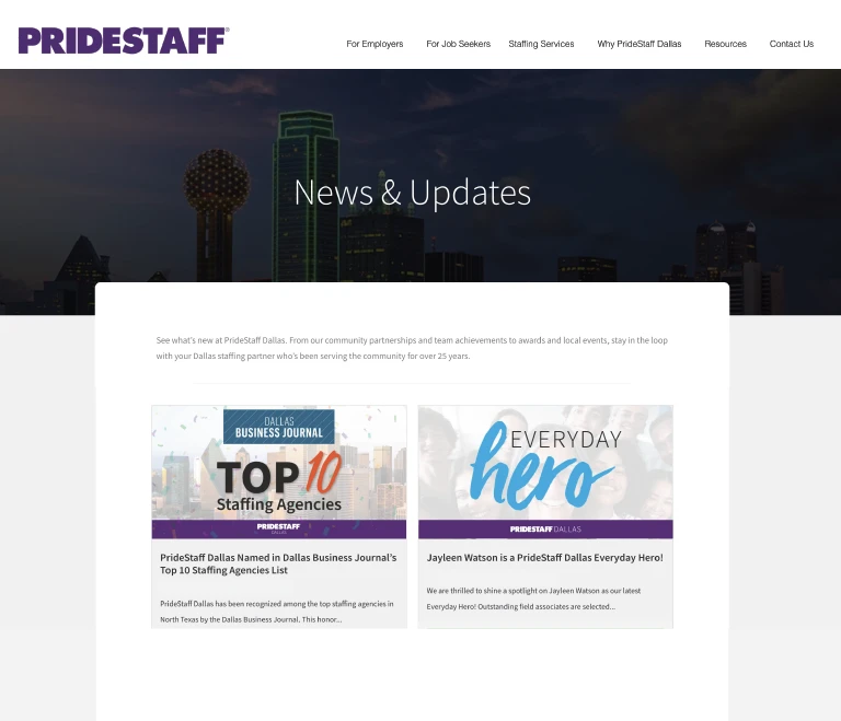 News and Updates page featuring Dallas Business Journal Top 10 Staffing Agencies award and Everyday Hero employee recognition program