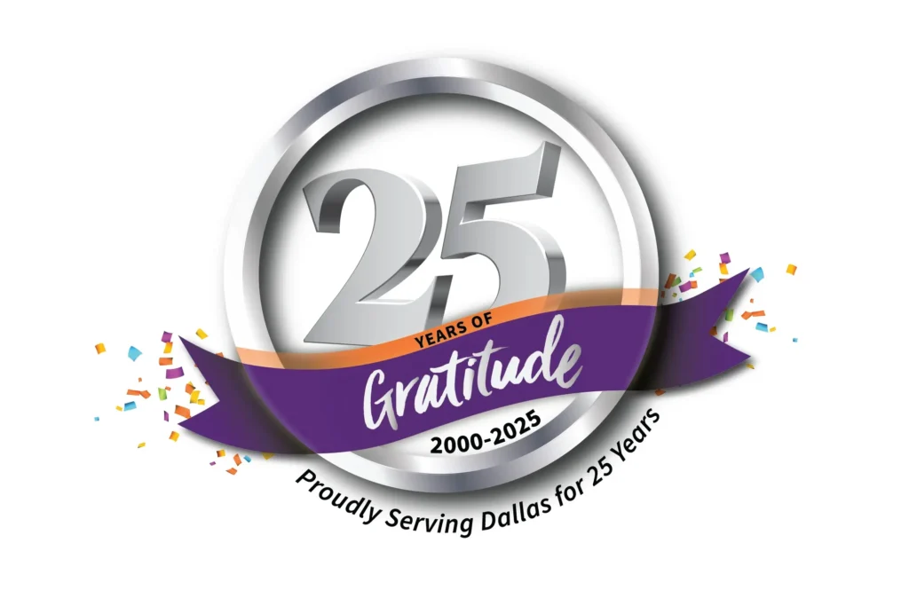 PrideStaff Dallas 25th Anniversary logo. With the text 25 years of gratitude. Proudly serving Dallas for 25 years.