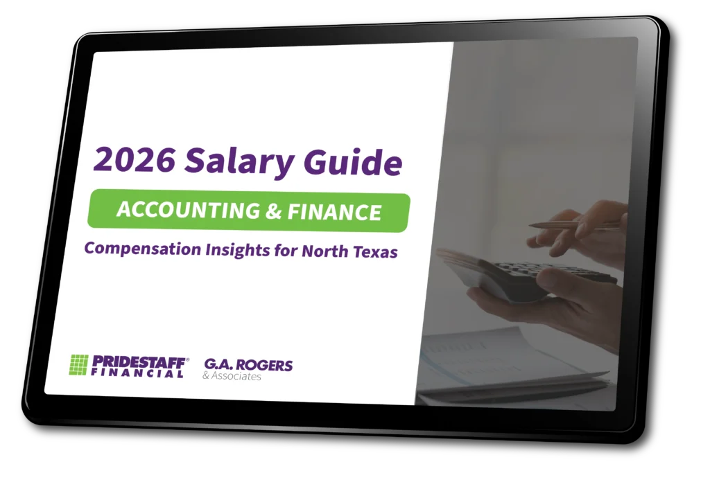 PrideStaff Financial's 2026 Accounting and Finance Salary Guide for North Texas, featuring compensation insights for employers