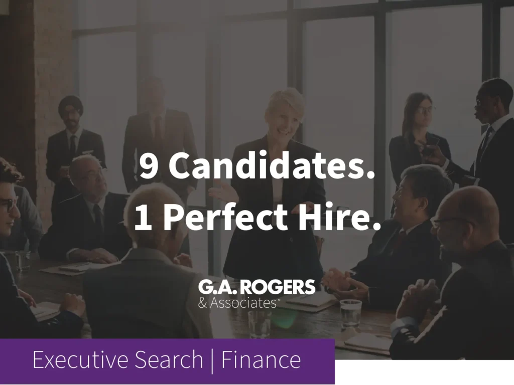 GA Rogers & Associates executive search case study featured image showing diverse business professionals gathered around a conference table, with text overlay reading "9 Candidates. 1 Perfect Hire." and tagged as Executive Search | Finance