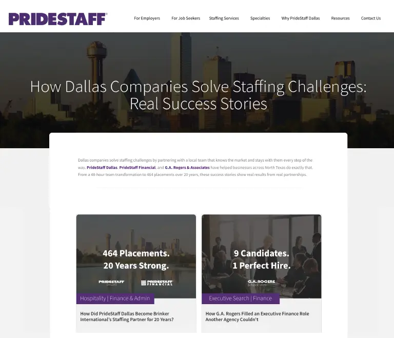 PrideStaff Dallas Success Stories landing page showcasing client case studies