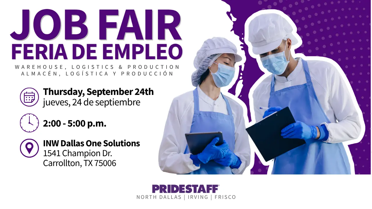 PrideStaff Dallas job fair banner: two warehouse workers, with event details for Thursday, September 24, 2:00 to 5:00 p.m. at INW, 1541 Champion Dr., Carrollton, TX 75006.