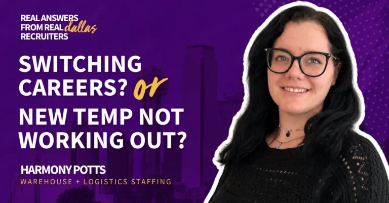 Harmony Potts, warehouse and logistics staffing at PrideStaff Dallas, with Dallas skyline for Real Answers from Real Dallas Recruiters, asking about switching careers and temp placements that aren't working out.